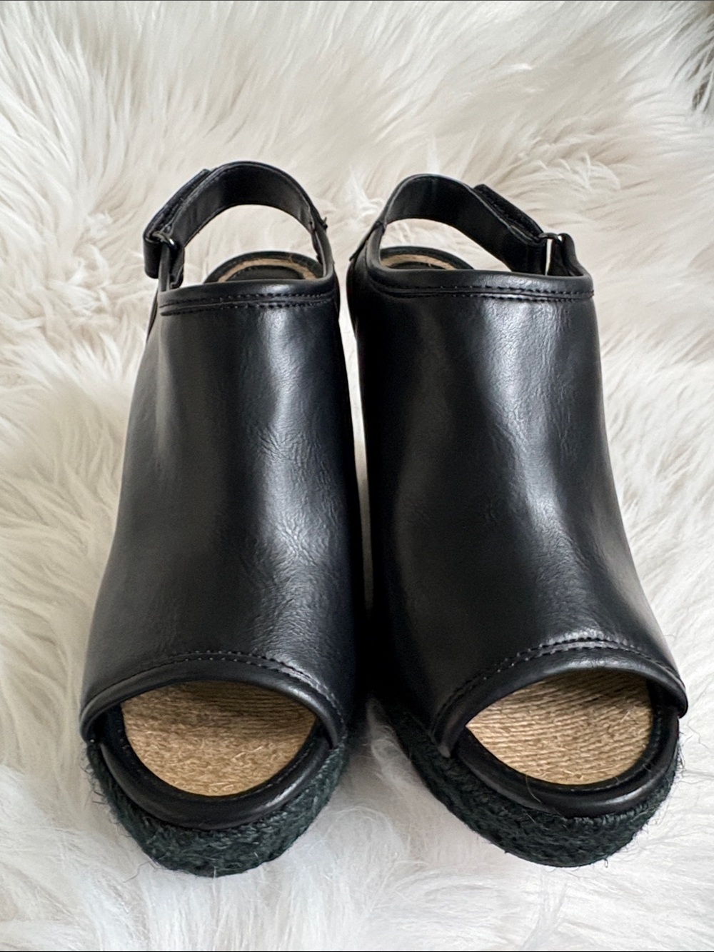 Ruff Hewn Black Open-Toe Wedge Slingbacks